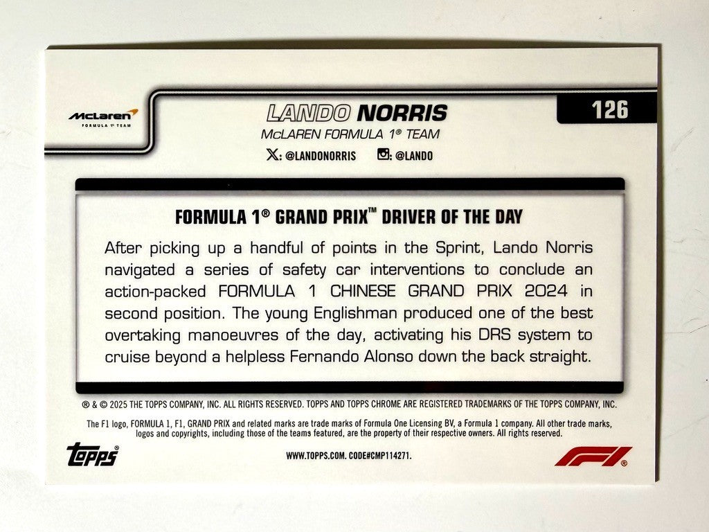 2025 Topps Chrome F1 Gold Raywave Lando Norris #126 /50