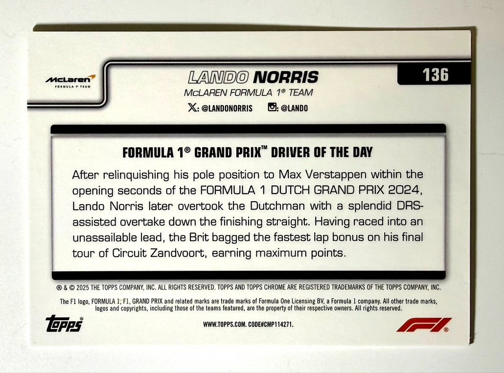 2025 Topps Chrome F1 Gold Logofractor Lando Norris #136 /50