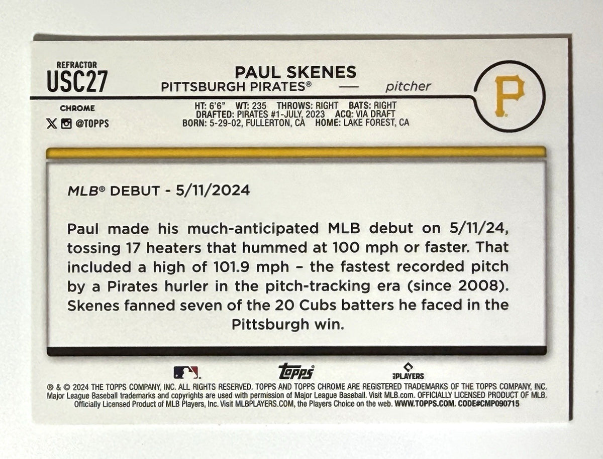 2024 Topps Chrome Update Series - Rookie Debut Paul Skenes #USC27 Refractor (RC)