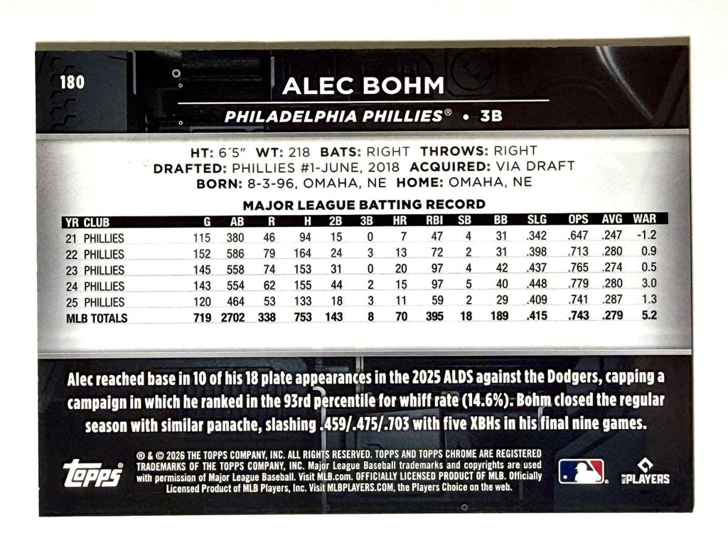 2026 Topps Chrome Black - Alec Bohm #180 Gold Wave Refractor /50