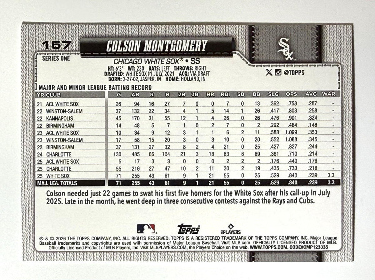 2026 Topps Series 1 - Colson Montgomery #157 Team Color Border (RC)