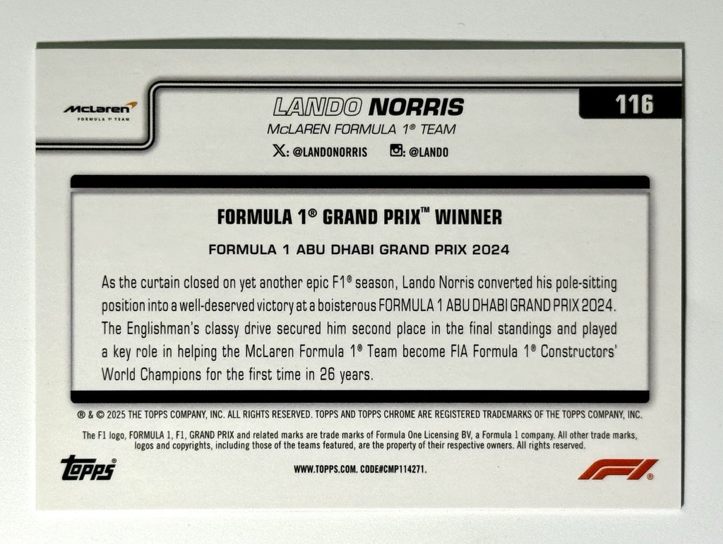 2025 Topps Chrome Formula 1 - Grand Prix Winners Lando Norris #116 F1 75th...